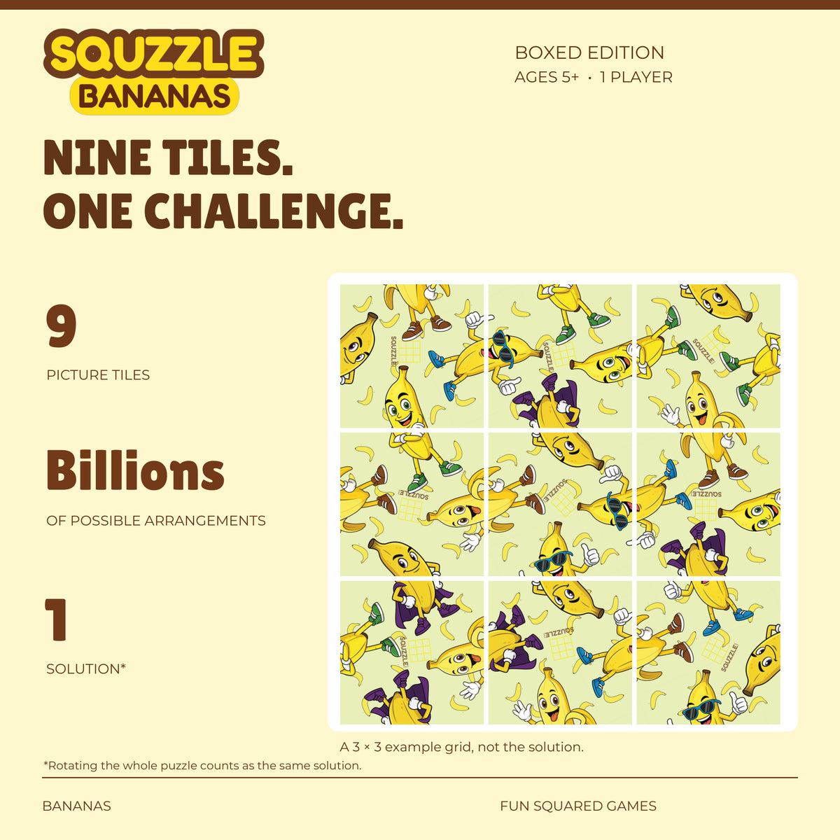 Squzzle Bananas: nine picture tiles, billions of possible arrangements and one solution.