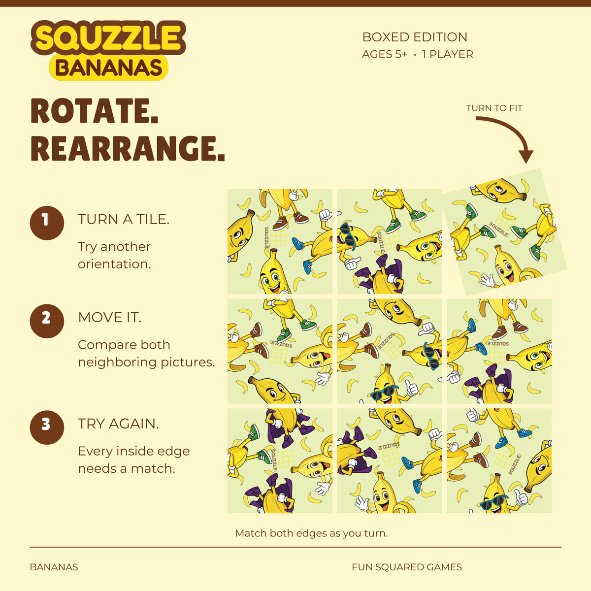 Nine genuine Bananas Squzzle tiles in an unsolved grid, with a corner tile turning to fit.