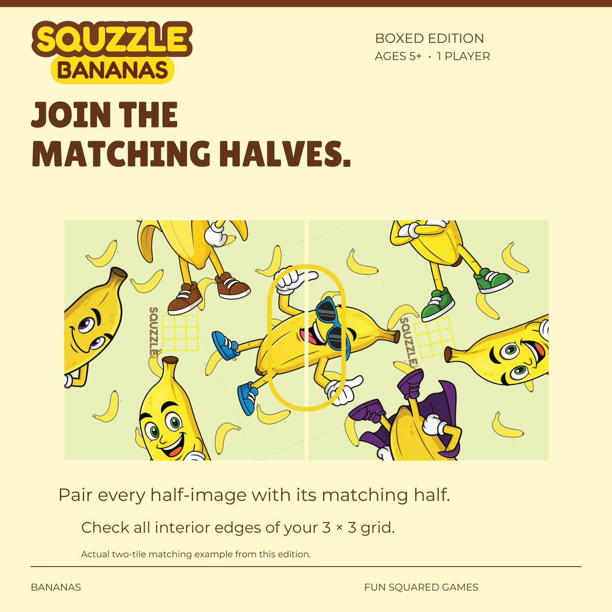 Two genuine Bananas Squzzle tiles join to form a sunglasses-wearing banana character.