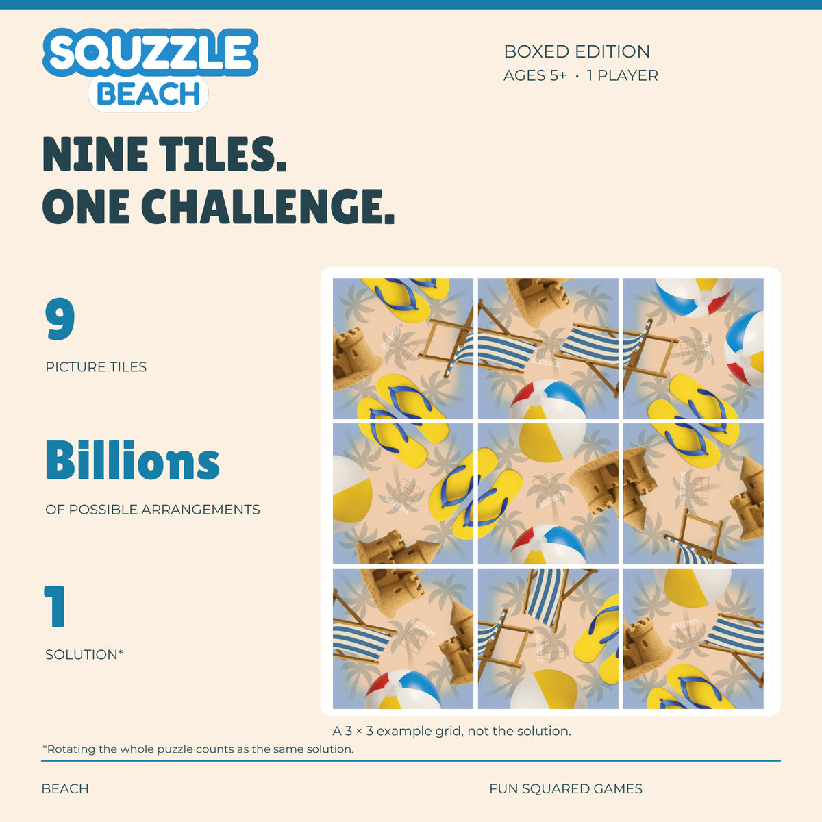 Squzzle Beach: nine picture tiles, billions of possible arrangements and one solution.