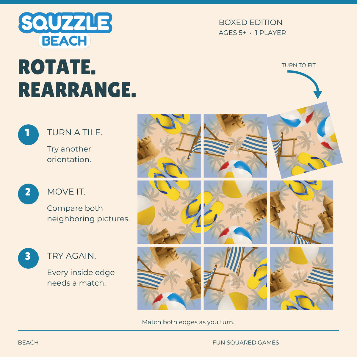 Nine genuine Beach Squzzle tiles in an unsolved grid, with a corner tile turning to fit.