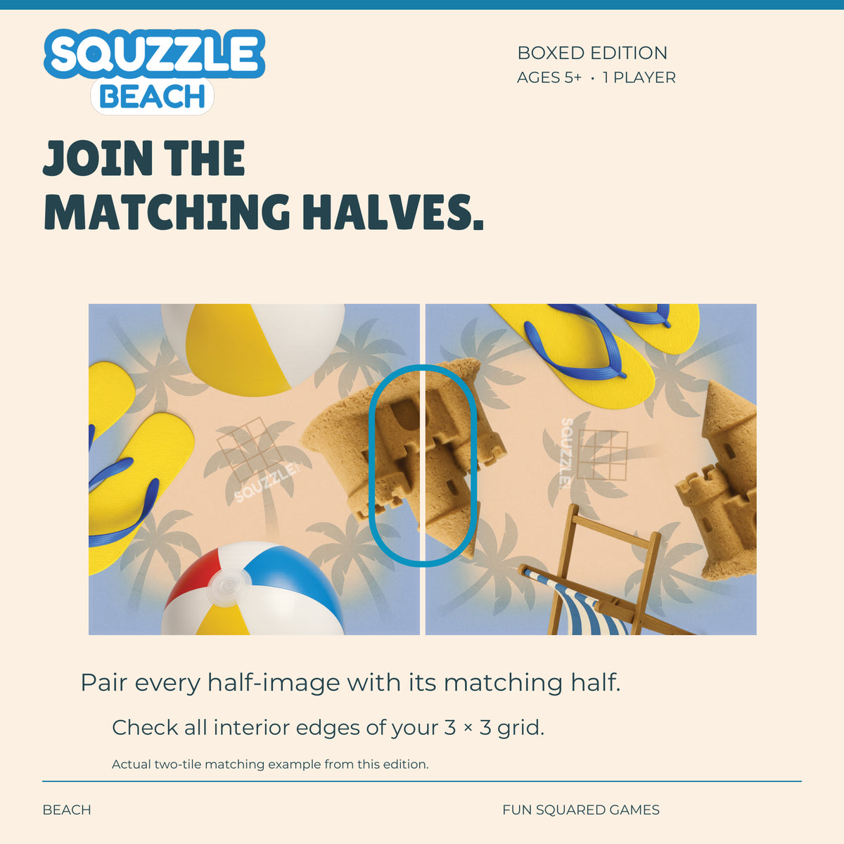 Two genuine Beach Squzzle tiles join to form a sandcastle.