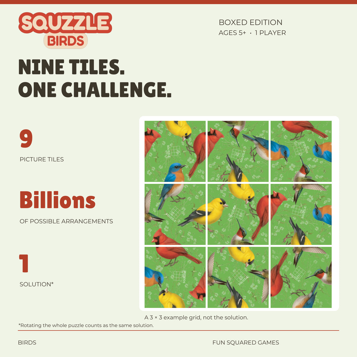 Squzzle Birds: nine picture tiles, billions of possible arrangements and one solution.