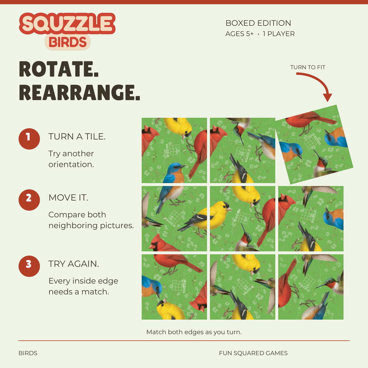 Nine genuine Birds Squzzle tiles in an unsolved grid, with a corner tile turning to fit.