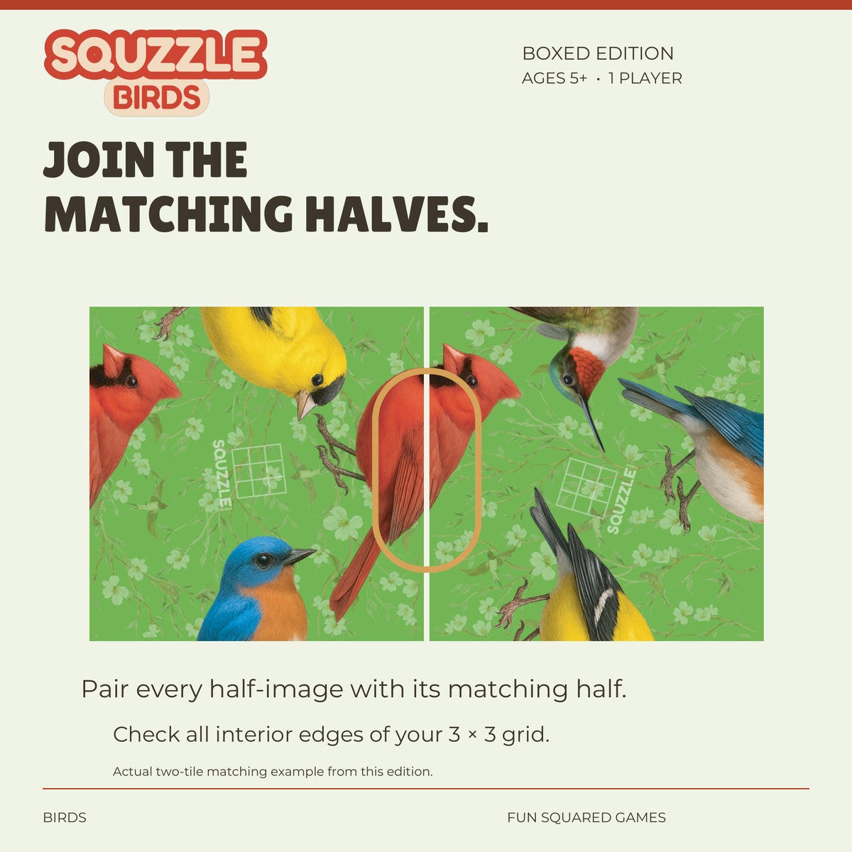 Two genuine Birds Squzzle tiles join to form a red cardinal.