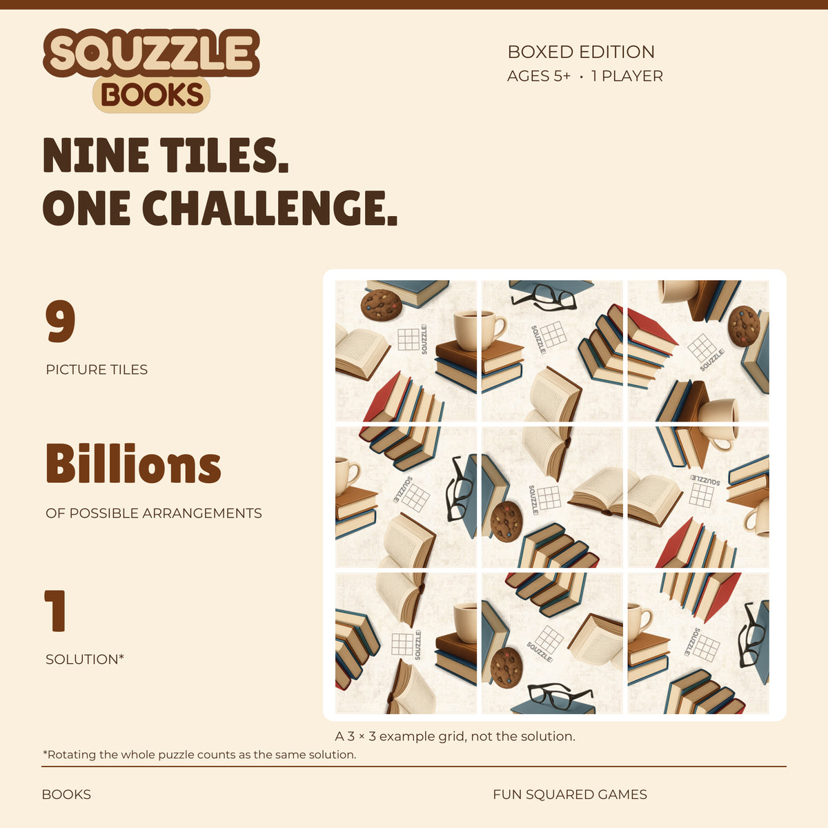 Squzzle Books: nine picture tiles, billions of possible arrangements and one solution.