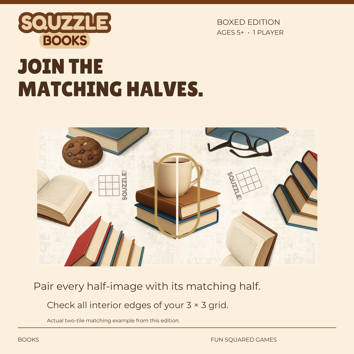 Two genuine Books Squzzle tiles join to form a mug on a stack of books.