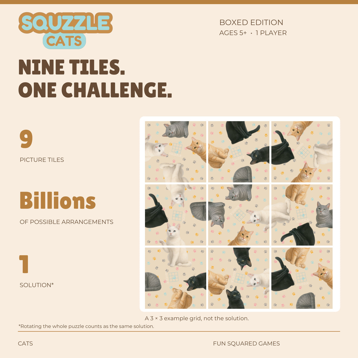Squzzle Cats: nine picture tiles, billions of possible arrangements and one solution.