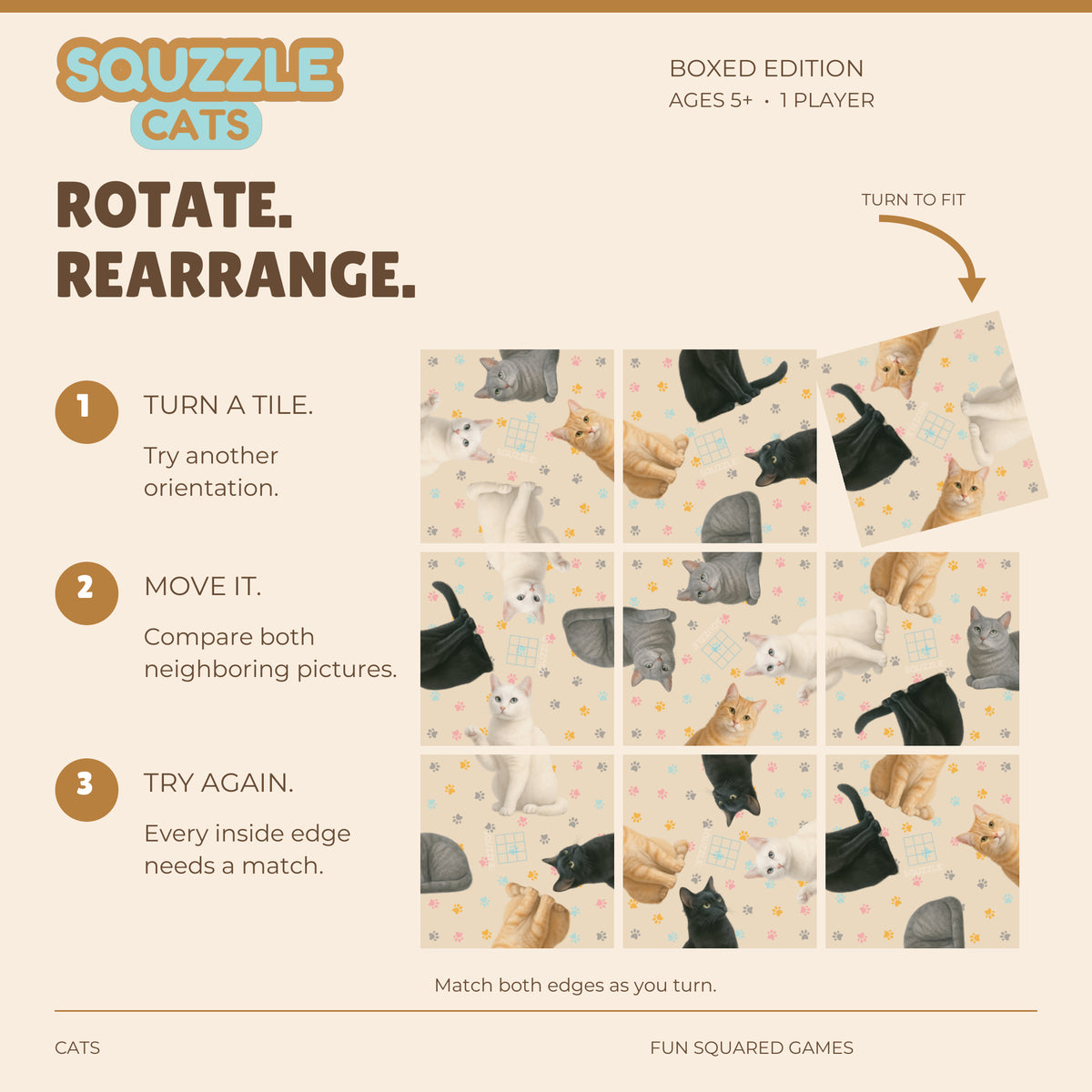 Nine genuine Cats Squzzle tiles in an unsolved grid, with a corner tile turning to fit.
