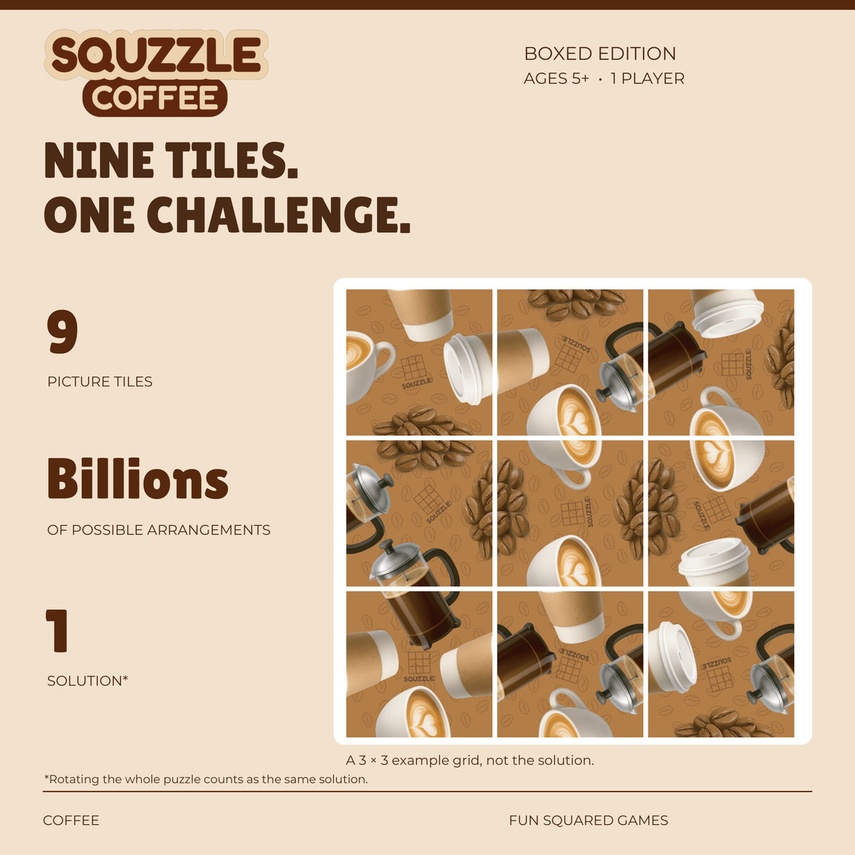 Squzzle Coffee: nine picture tiles, billions of possible arrangements and one solution.