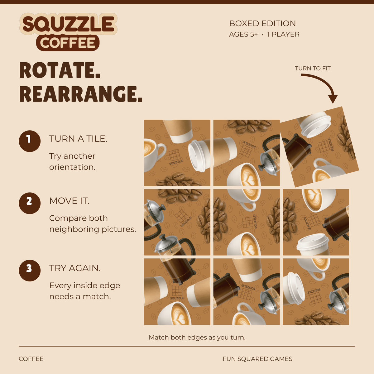 Nine genuine Coffee Squzzle tiles in an unsolved grid, with a corner tile turning to fit.