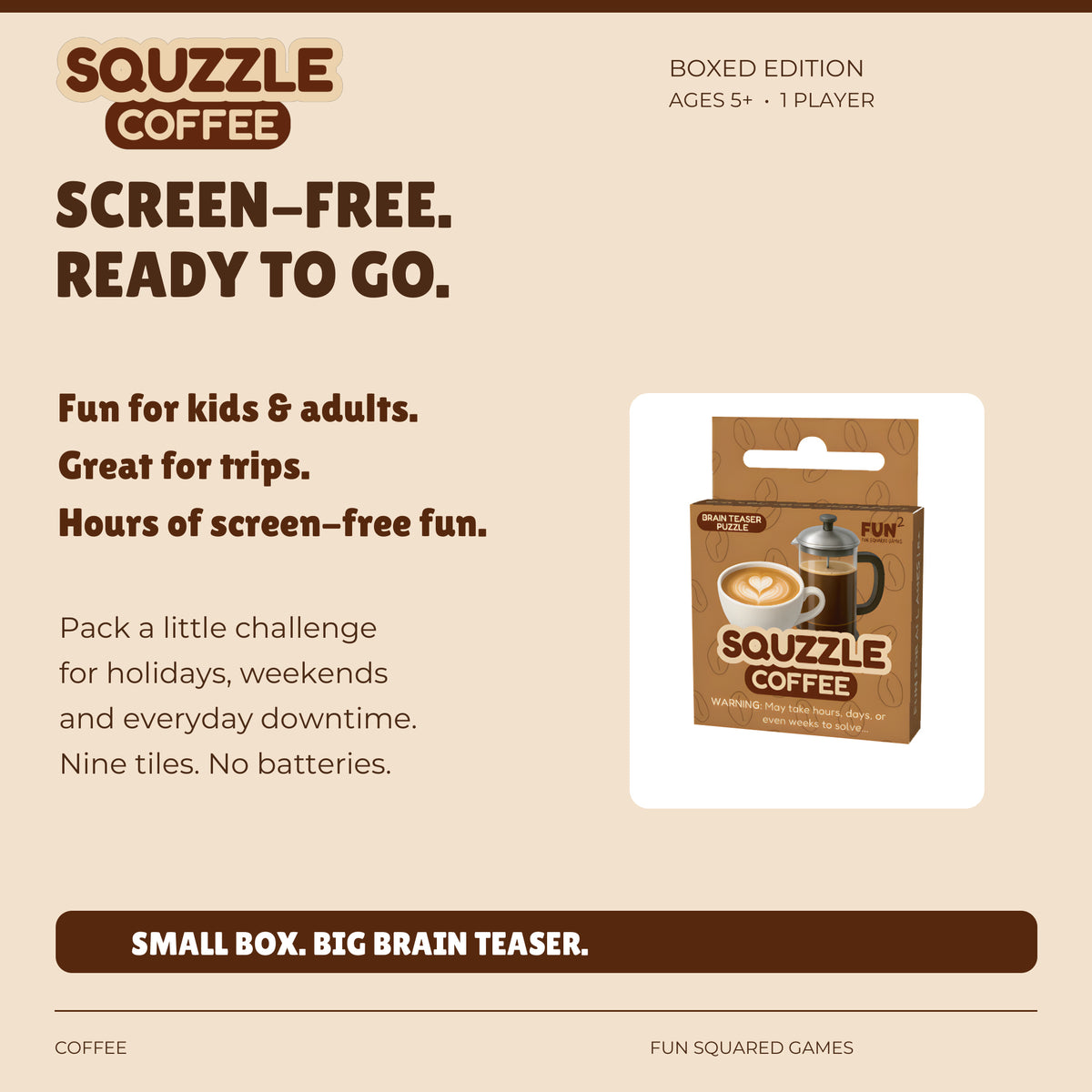 Coffee Squzzle offers screen-free fun for kids and adults, at home or on trips. Ages five and up.