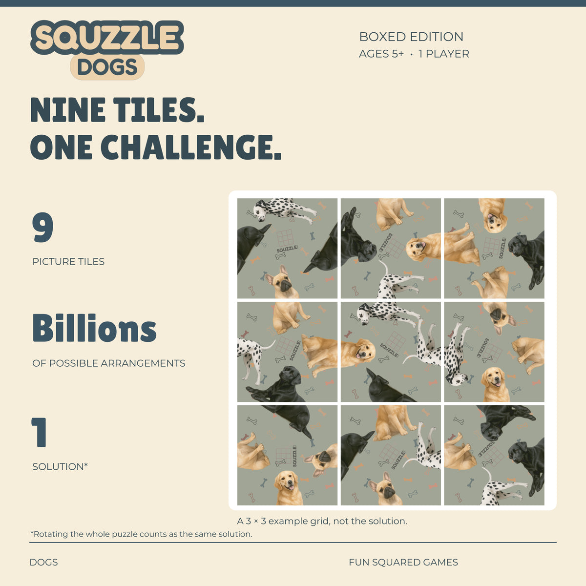 Squzzle Dogs: nine picture tiles, billions of possible arrangements and one solution.