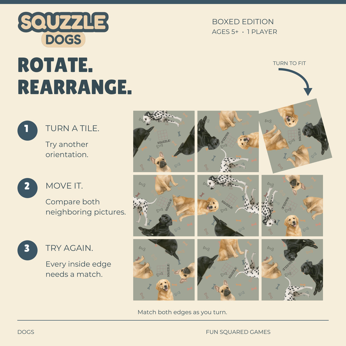 Nine genuine Dogs Squzzle tiles in an unsolved grid, with a corner tile turning to fit.