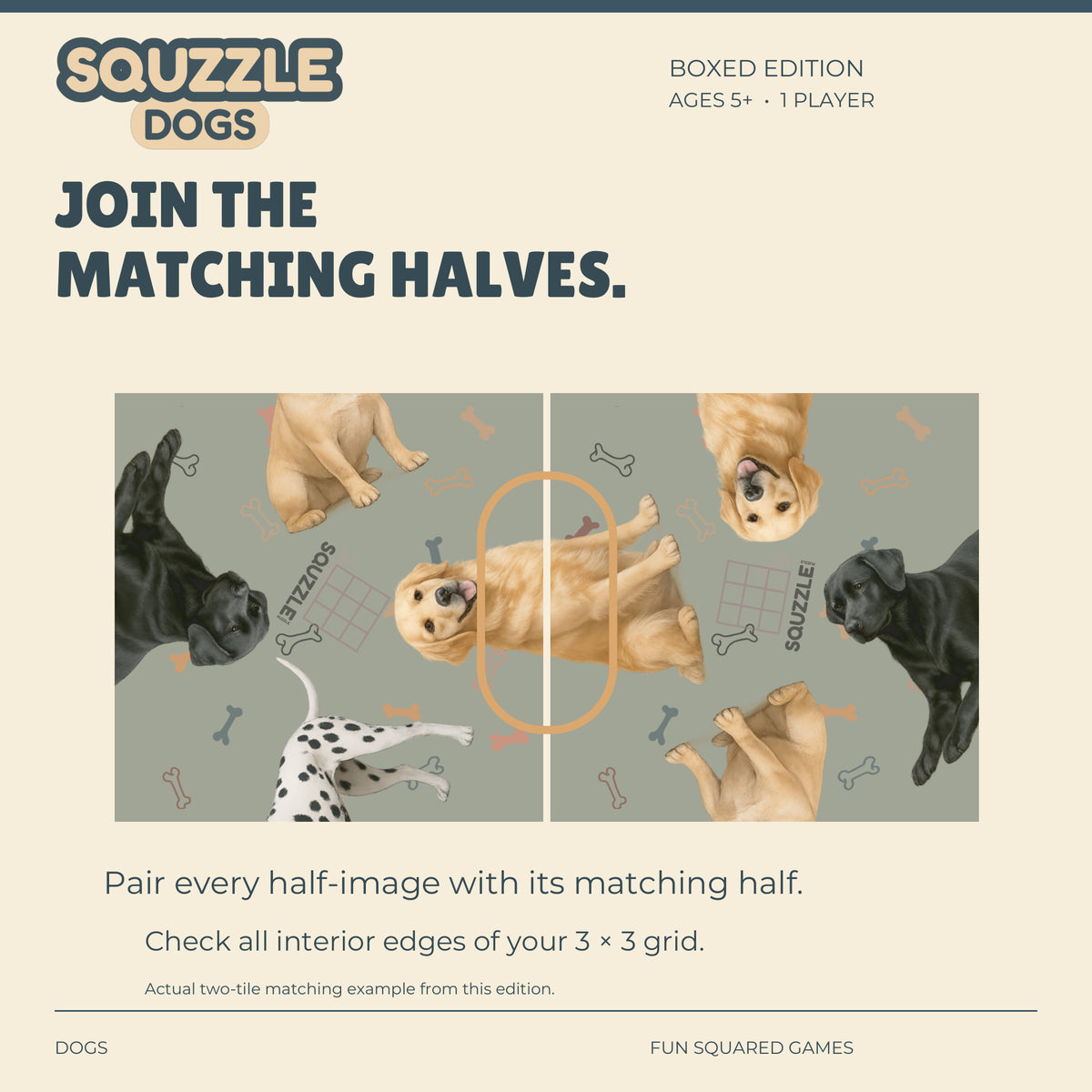 Two genuine Dogs Squzzle tiles join to form a golden dog.