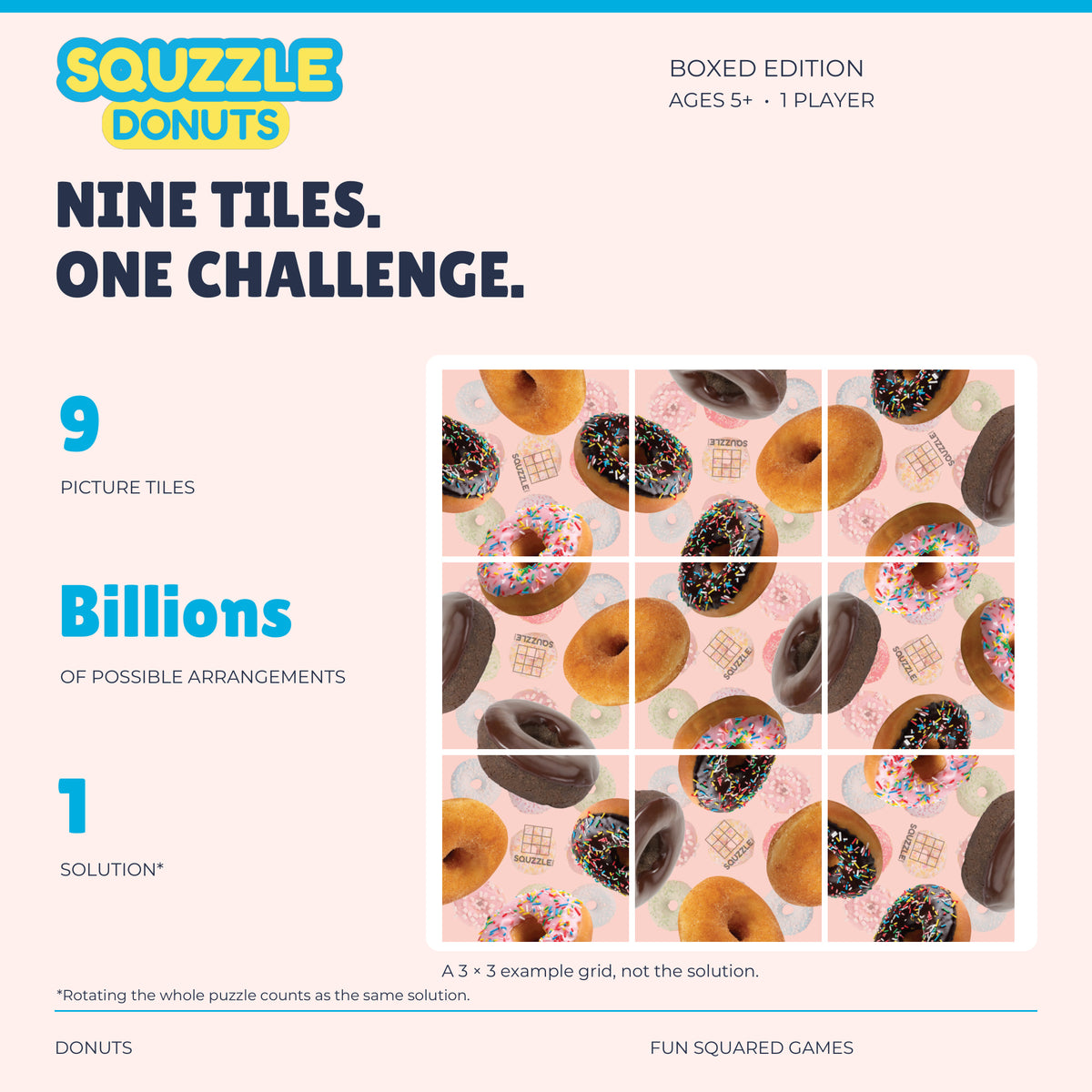 Squzzle Donuts: nine picture tiles, billions of possible arrangements and one solution.