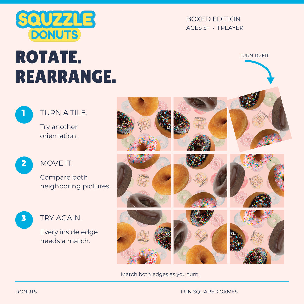 Nine genuine Donuts Squzzle tiles in an unsolved grid, with a corner tile turning to fit.