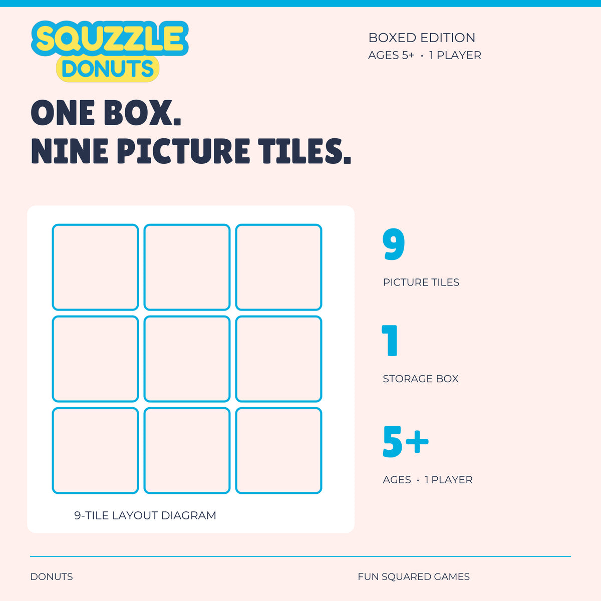 Donuts Squzzle contains nine picture tiles and one storage box. Ages five and up, one player.