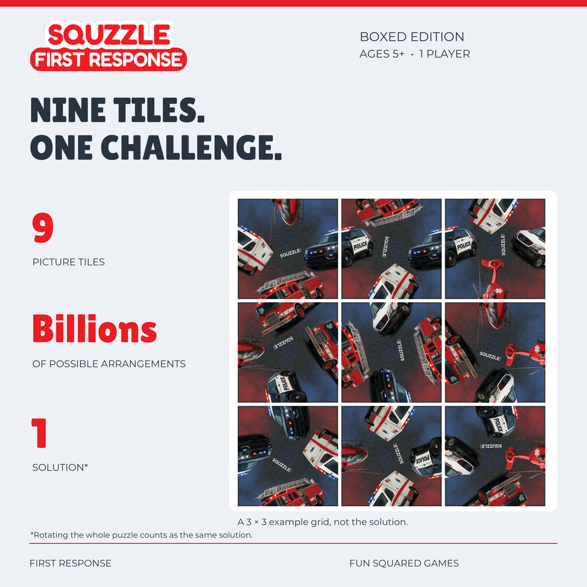 Squzzle First Response: nine picture tiles, billions of possible arrangements and one solution.
