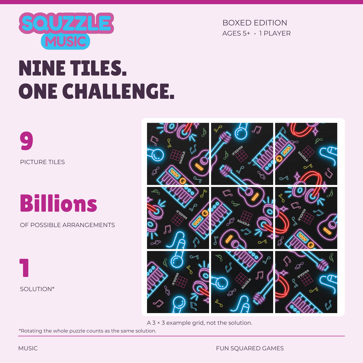 Squzzle Music: nine picture tiles, billions of possible arrangements and one solution.