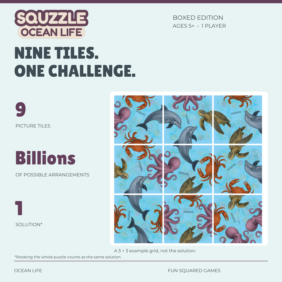 Squzzle Ocean Life: nine picture tiles, billions of possible arrangements and one solution.