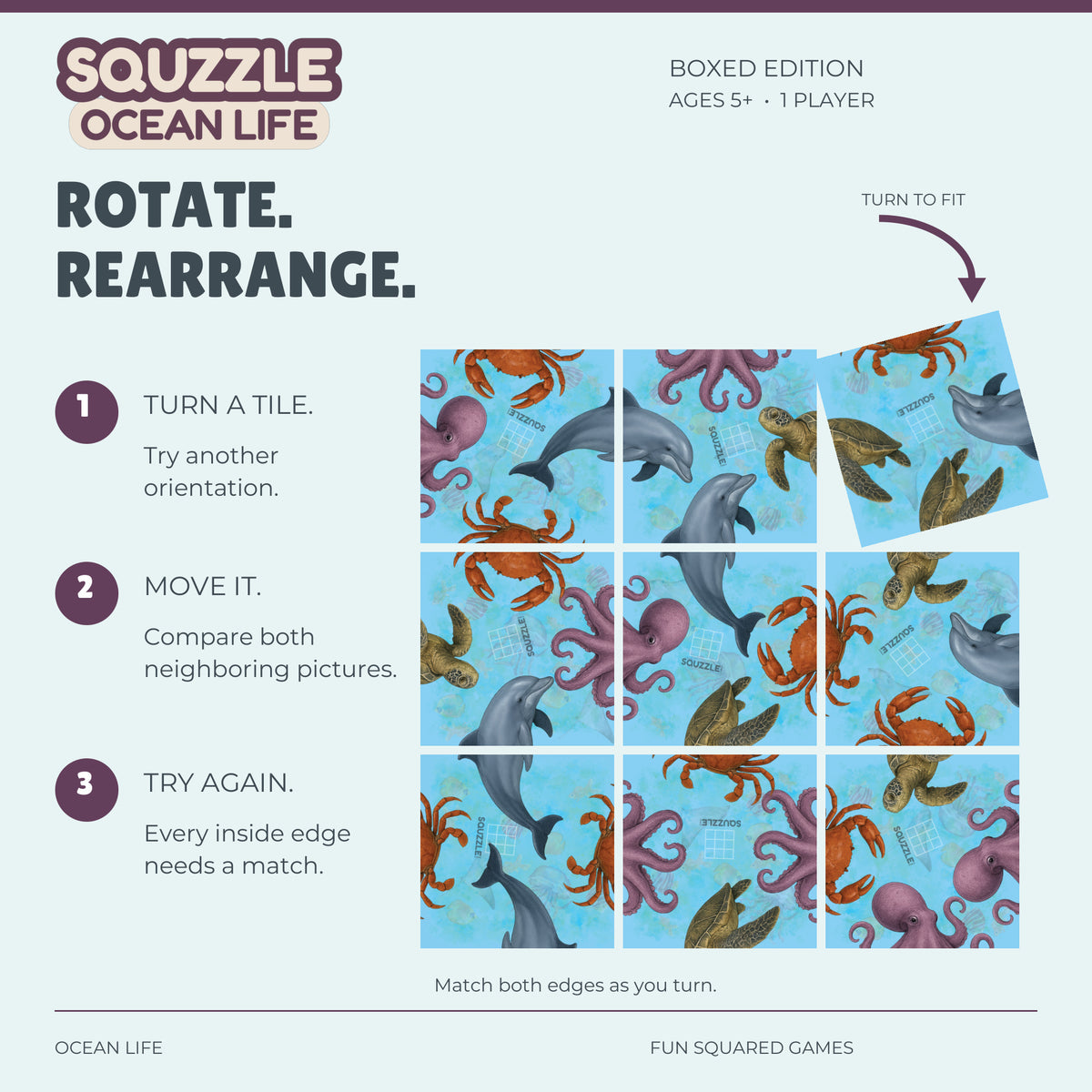 Nine genuine Ocean Life Squzzle tiles in an unsolved grid, with a corner tile turning to fit.