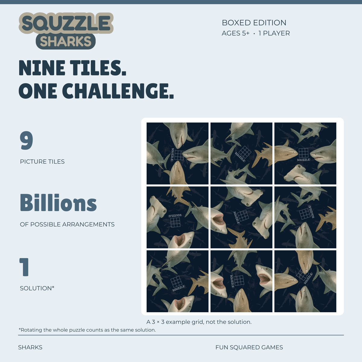 Squzzle Sharks: nine picture tiles, billions of possible arrangements and one solution.