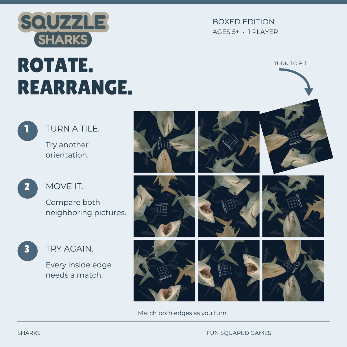 Nine genuine Sharks Squzzle tiles in an unsolved grid, with a corner tile turning to fit.