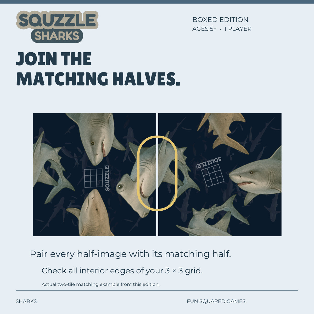 Two genuine Sharks Squzzle tiles join to form a hammerhead shark.