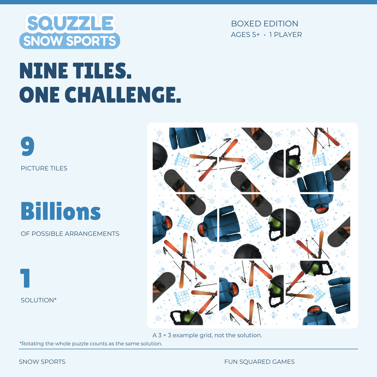 Squzzle Snow Sports: nine picture tiles, billions of possible arrangements and one solution.