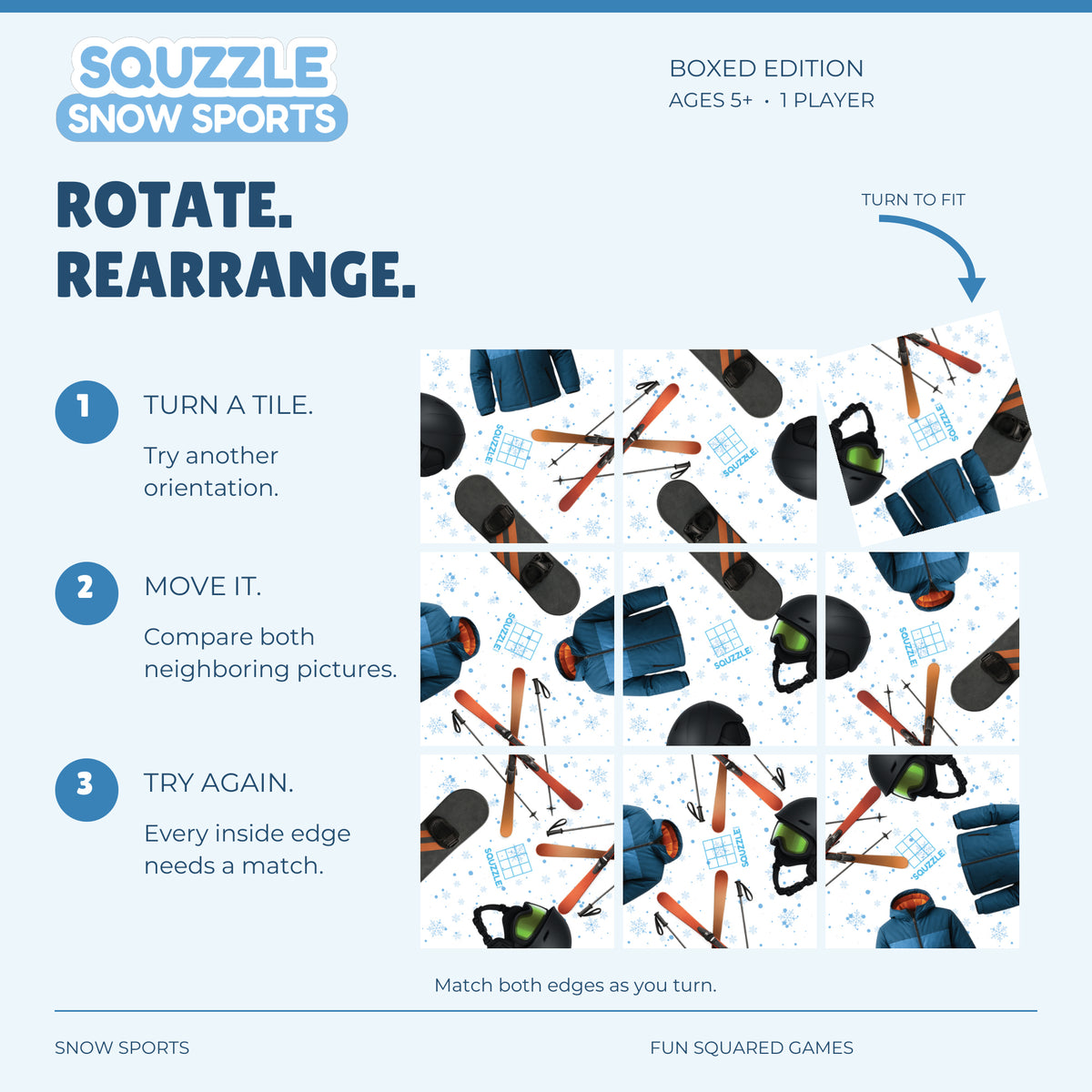 Nine genuine Snow Sports Squzzle tiles in an unsolved grid, with a corner tile turning to fit.