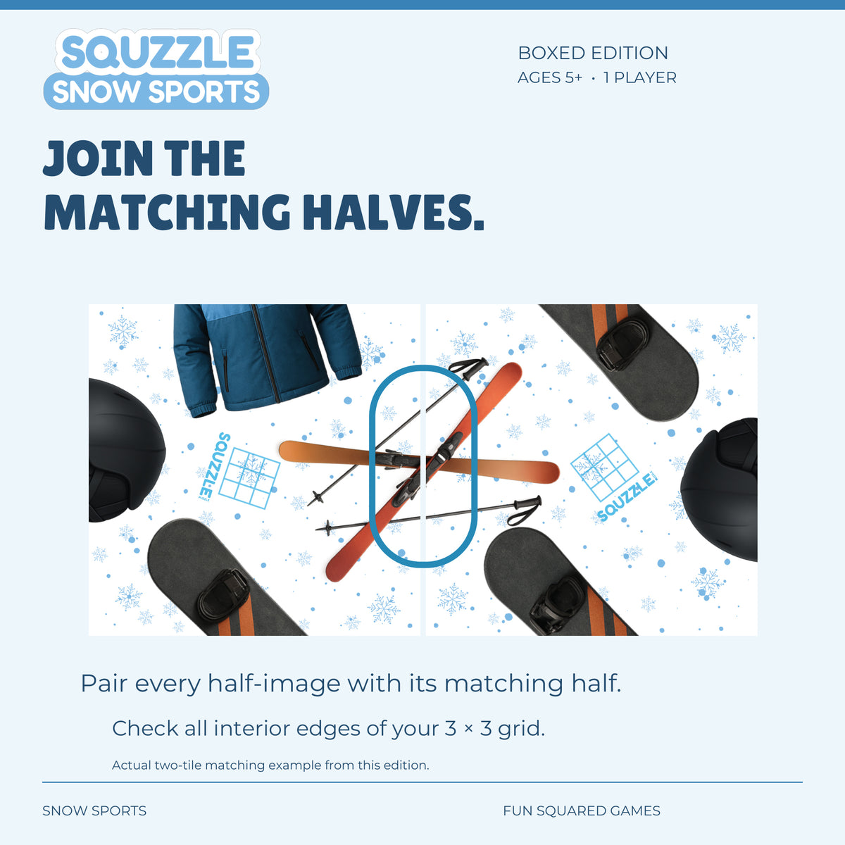 Two genuine Snow Sports Squzzle tiles join to form crossed skis.