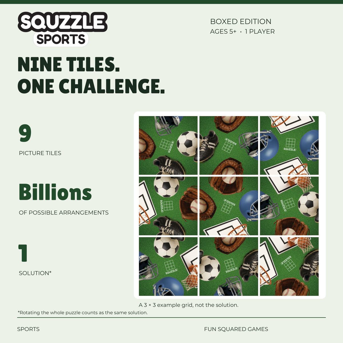 Squzzle Sports: nine picture tiles, billions of possible arrangements and one solution.