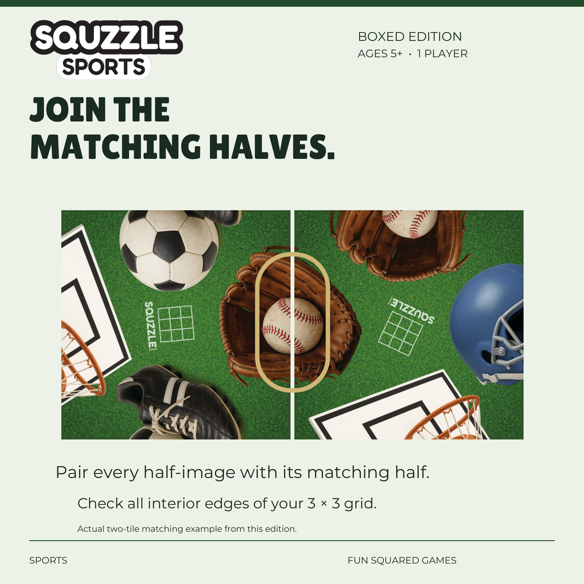 Two genuine Sports Squzzle tiles join to form a baseball and glove.