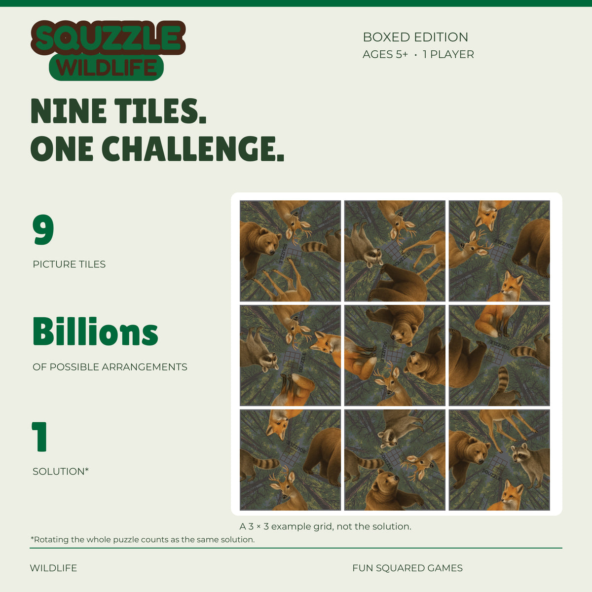 Squzzle Wildlife: nine picture tiles, billions of possible arrangements and one solution.