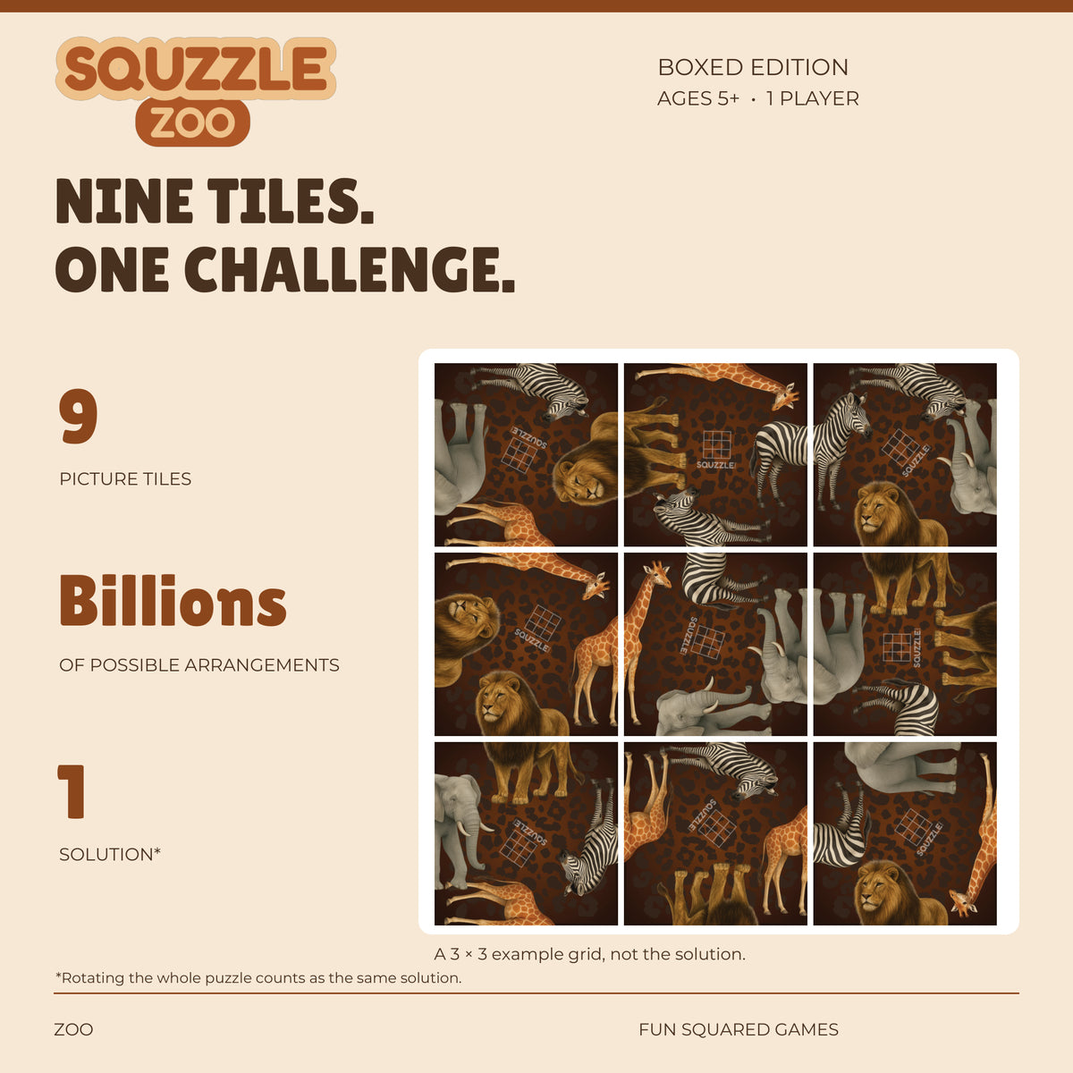 Squzzle Zoo: nine picture tiles, billions of possible arrangements and one solution.