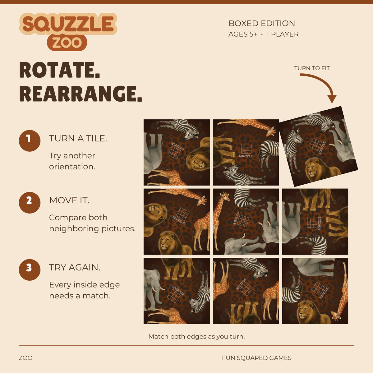 Nine genuine Zoo Squzzle tiles in an unsolved grid, with a corner tile turning to fit.