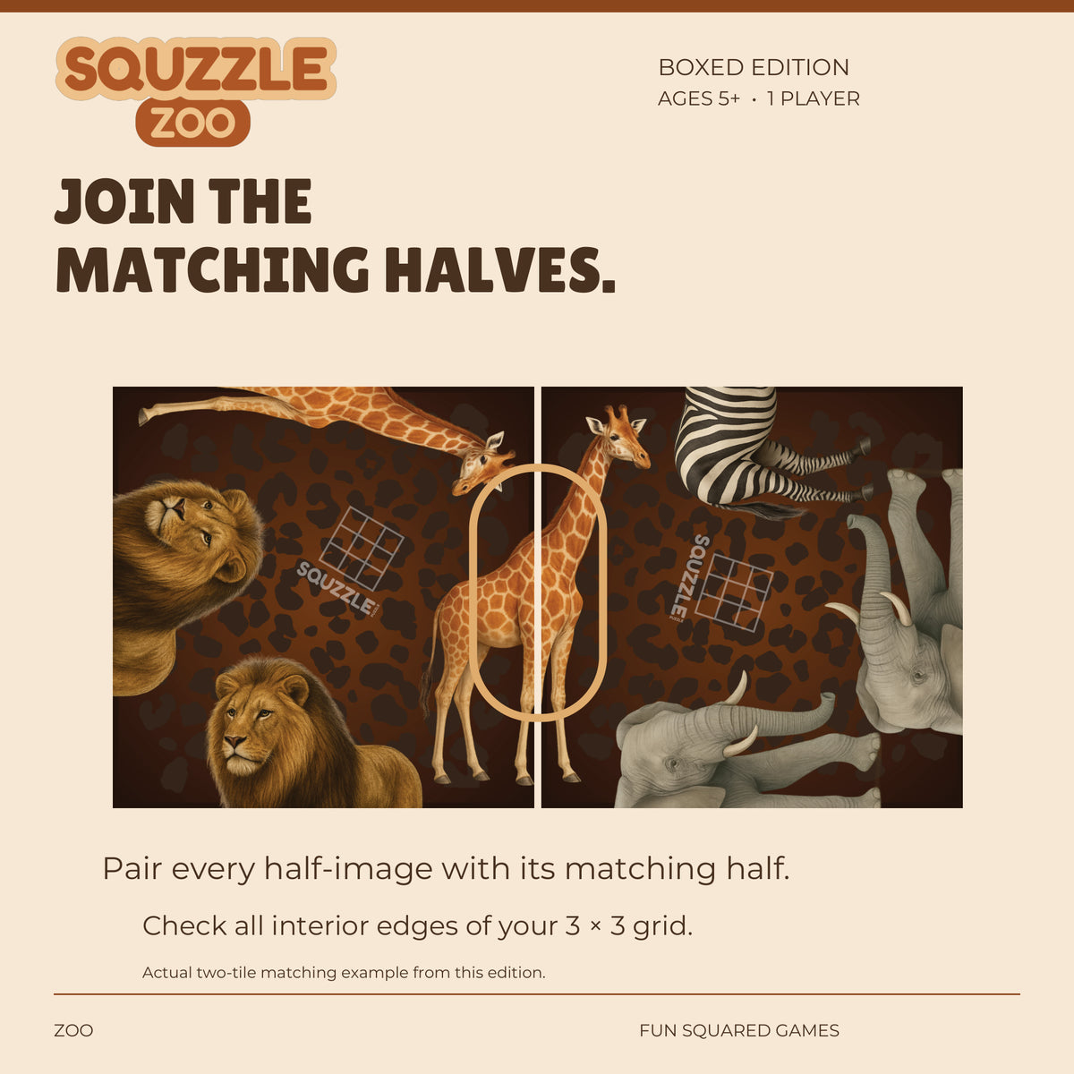 Two genuine Zoo Squzzle tiles join to form a giraffe.