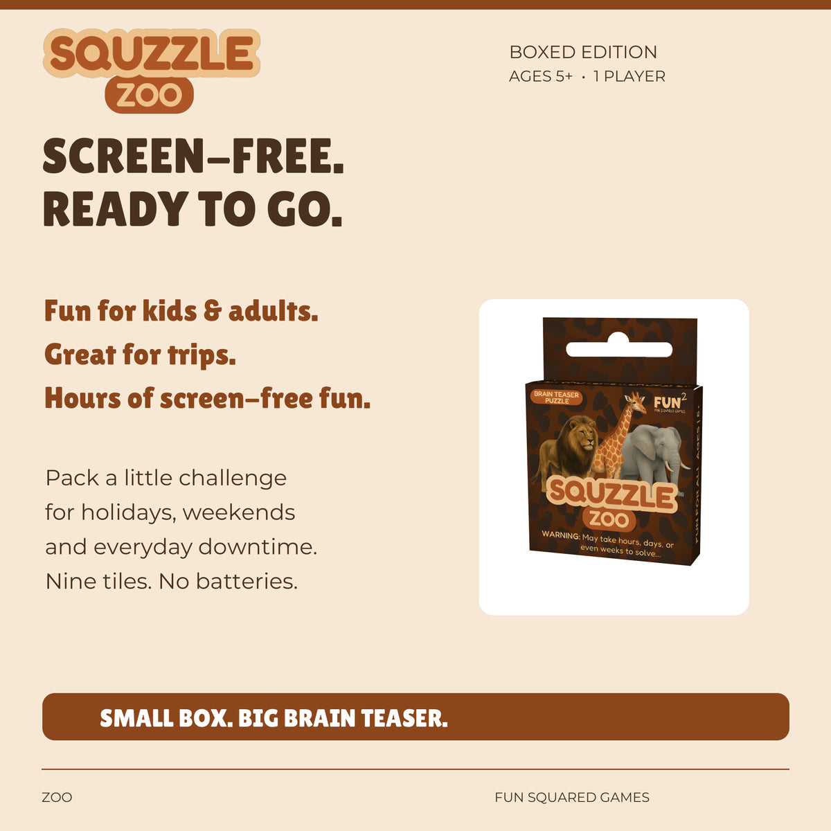 Zoo Squzzle offers screen-free fun for kids and adults, at home or on trips. Ages five and up.
