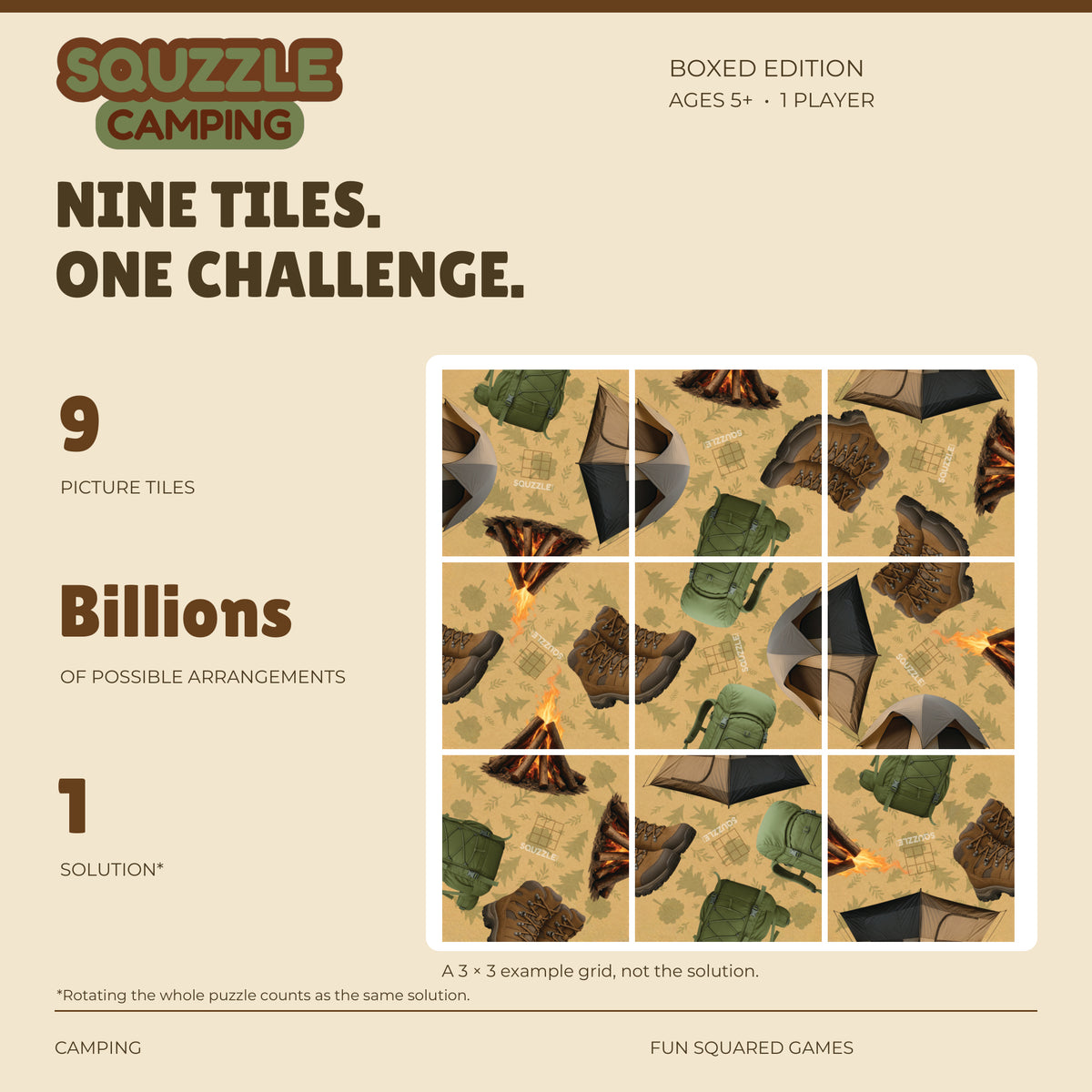 Squzzle Camping: nine picture tiles, billions of possible arrangements and one solution.