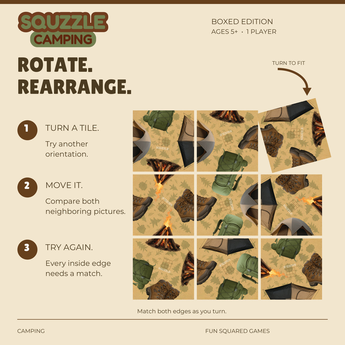 Nine genuine Camping Squzzle tiles in an unsolved grid, with a corner tile turning to fit.