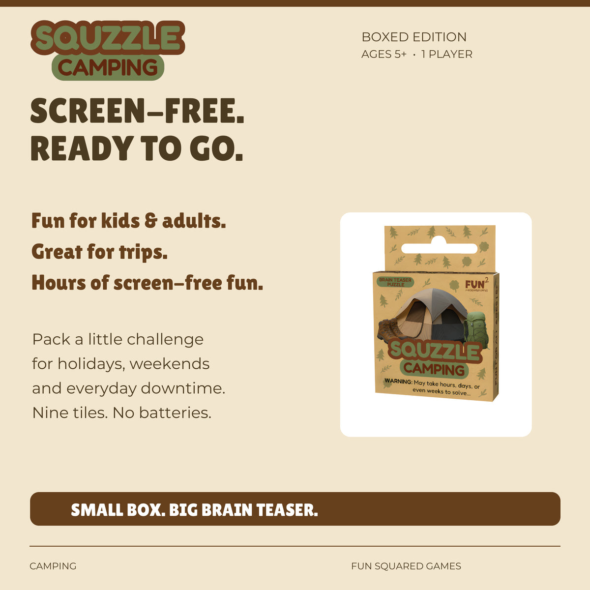 Camping Squzzle offers screen-free fun for kids and adults, at home or on trips. Ages five and up.