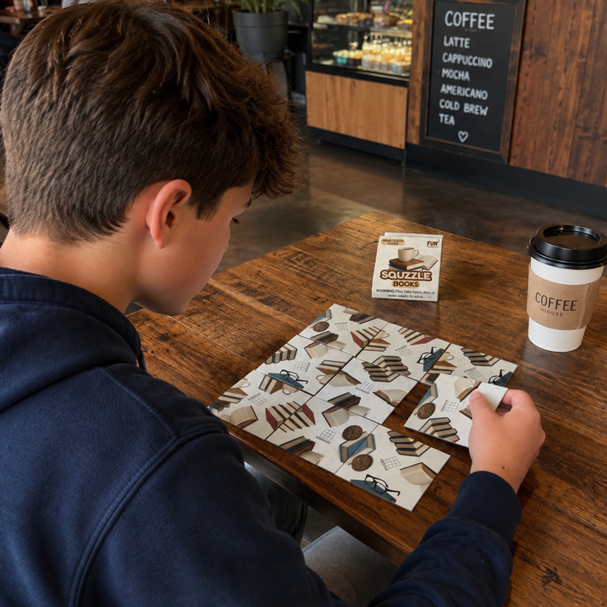 A person arranging nine Books Squzzle picture tiles at a cafe table, with the matching Books box nearby.