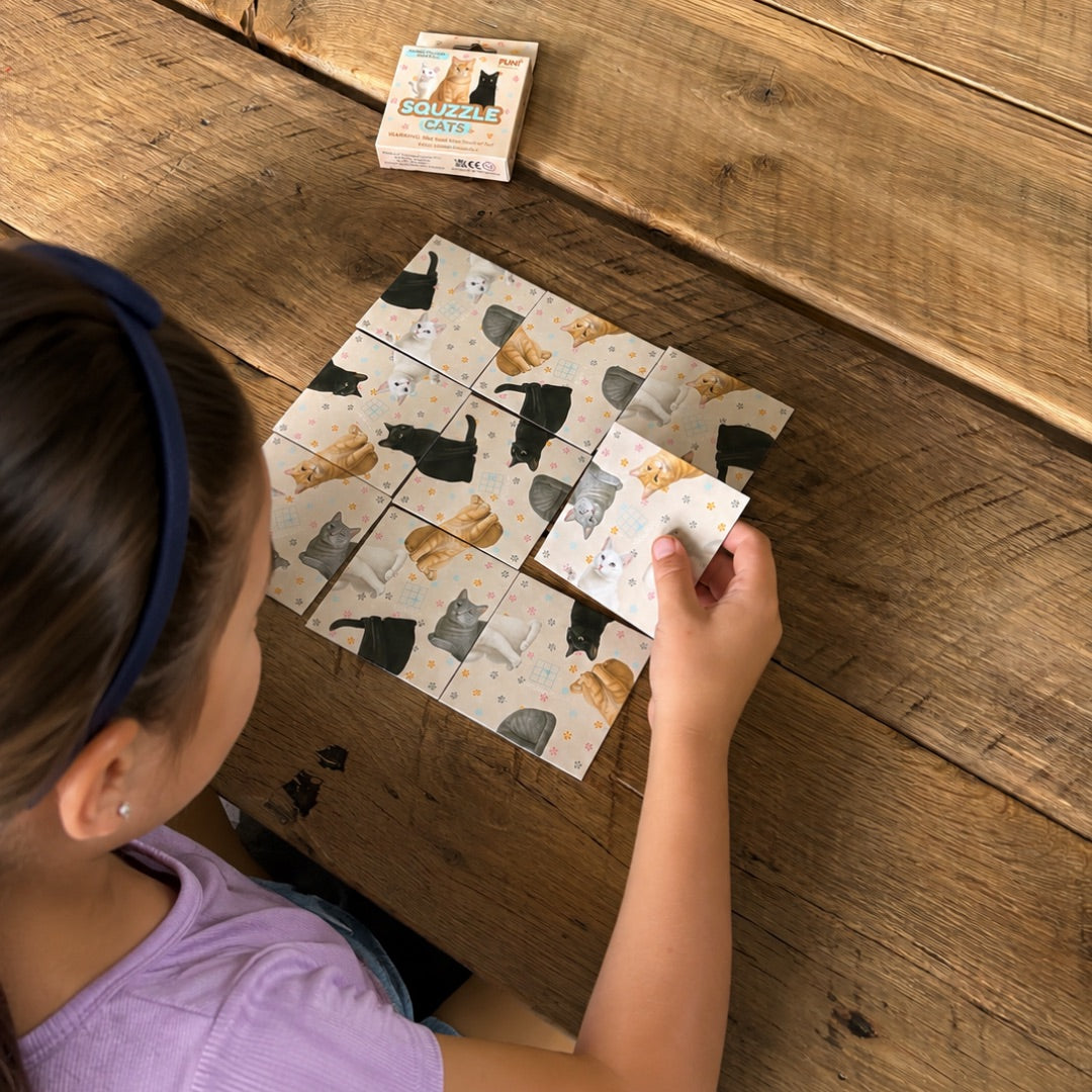 A person arranging nine Cats Squzzle picture tiles at a table, with the matching box nearby.