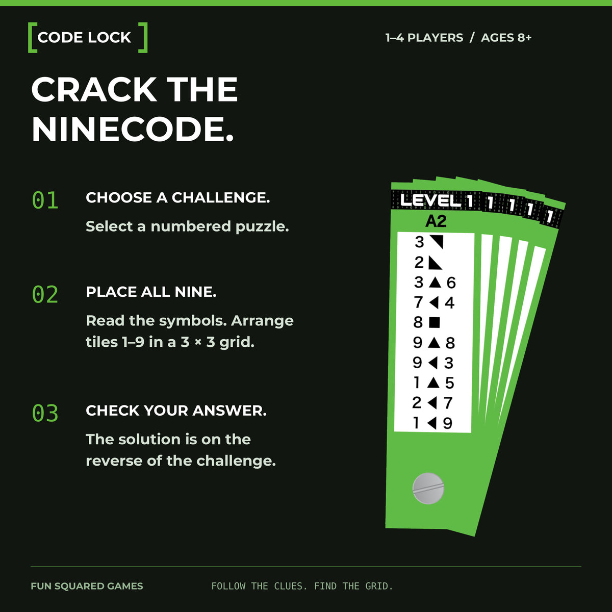 Code Lock challenge deck and three steps for placing number tiles from symbol clues