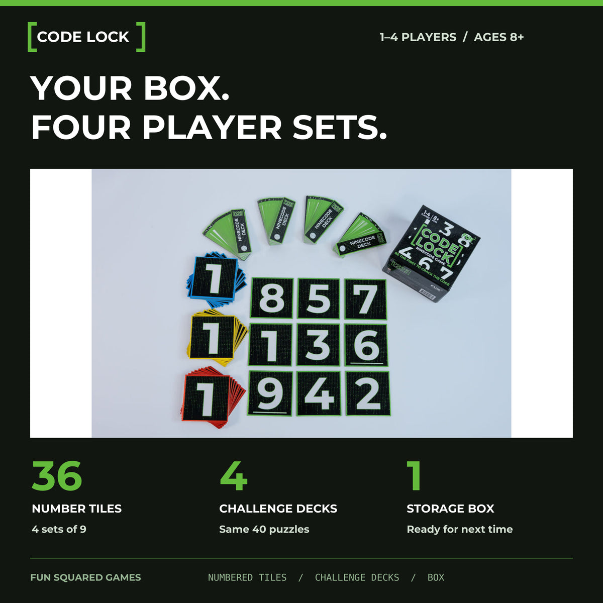 Code Lock with 36 number tiles in four sets, four decks and a storage box