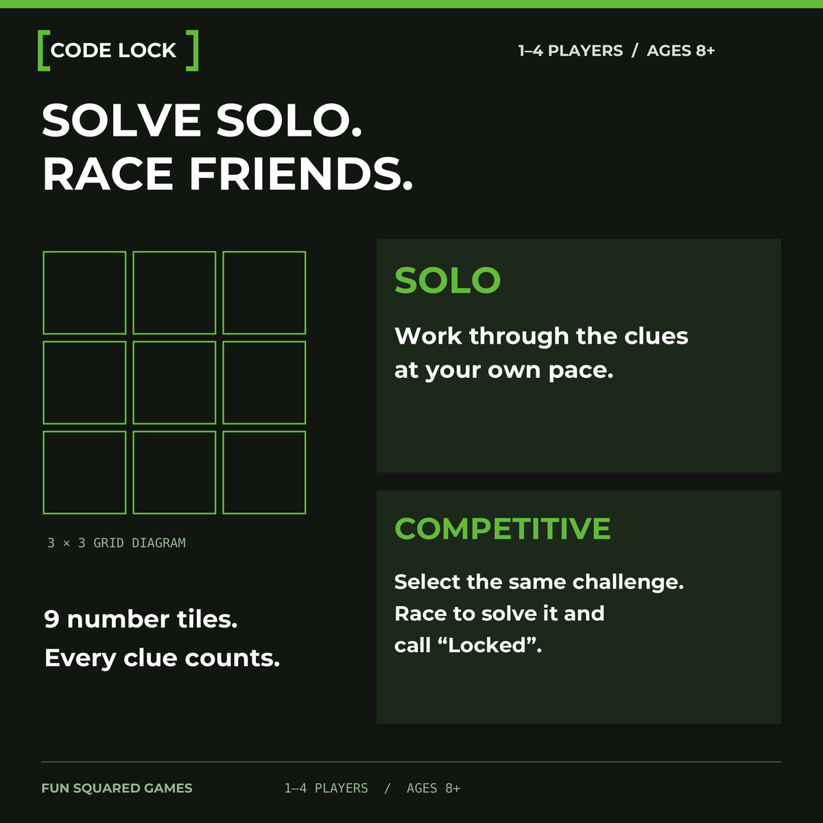 Code Lock empty grid diagram with solo and competitive play instructions