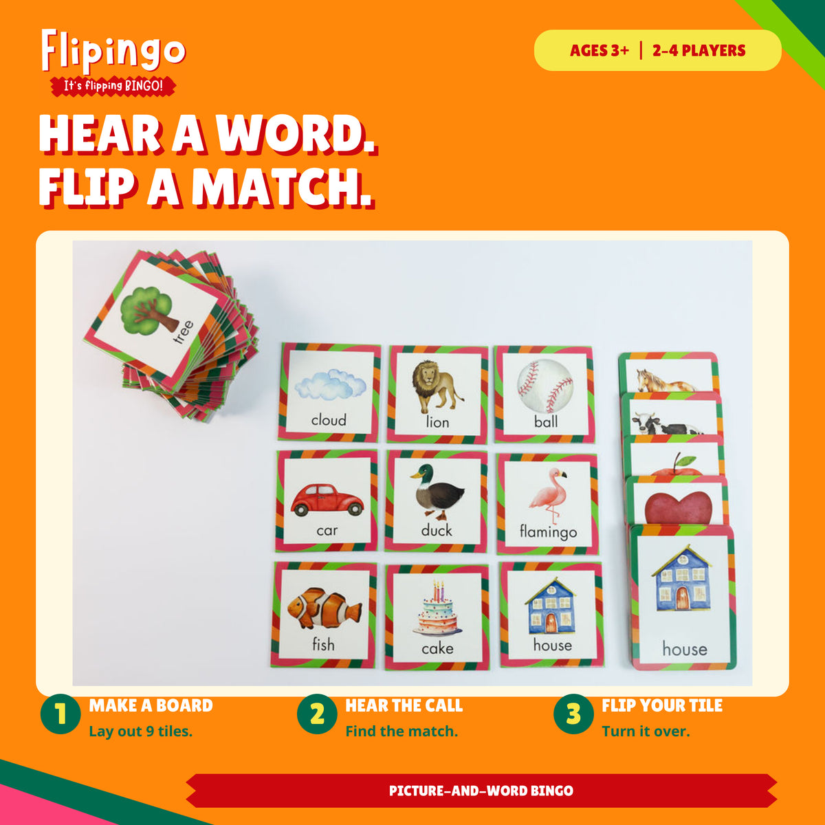 Flipingo tiles and calling cards with three steps for picture-and-word bingo