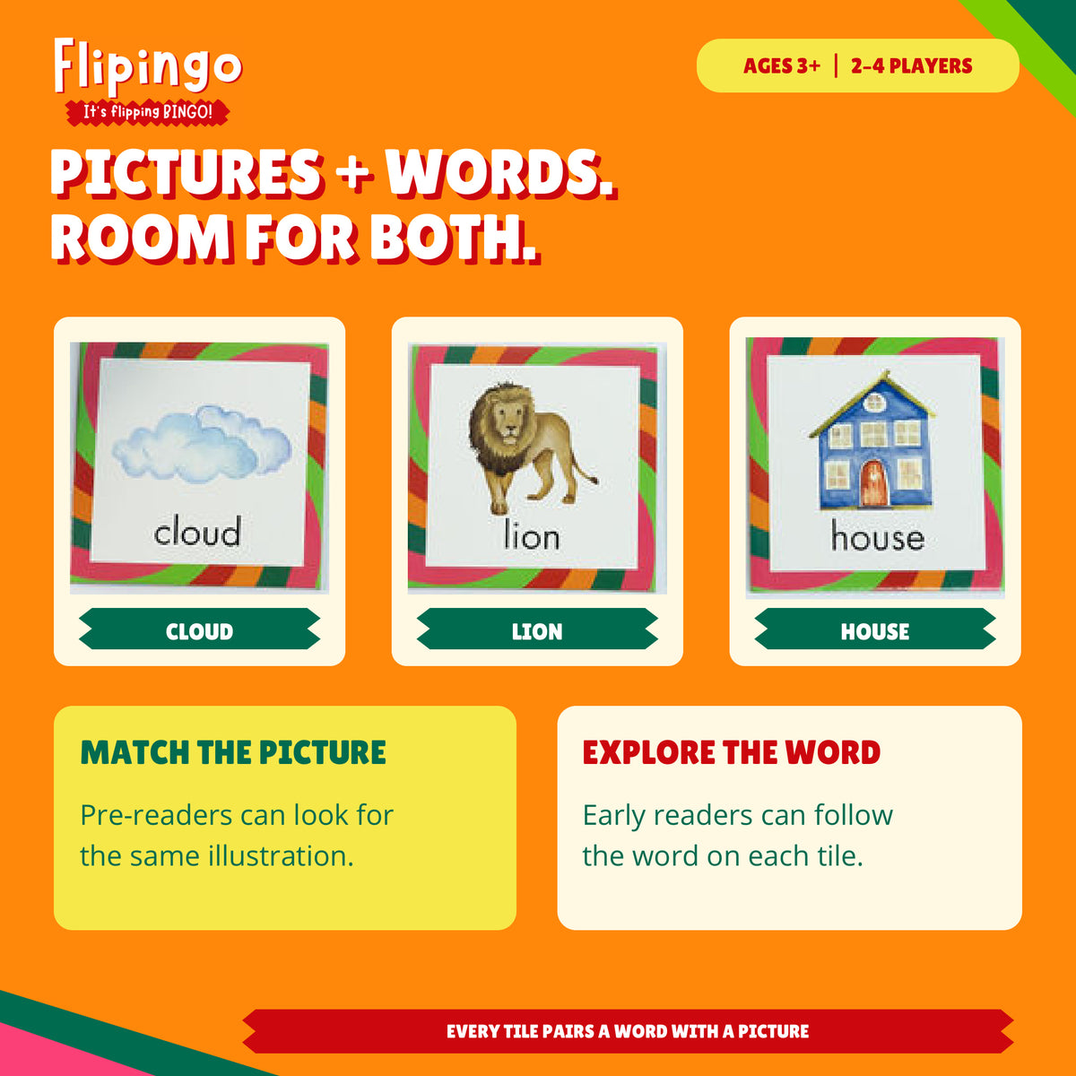 Flipingo cloud, lion and house tiles pairing illustrations with printed words