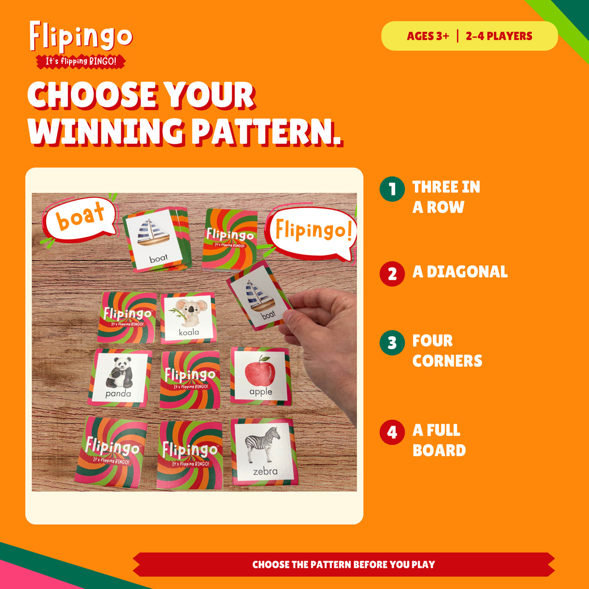 Flipingo gameplay with three in a row, diagonal, four corners and full board options